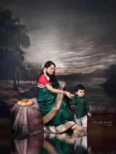 Maternity shoot in Saree with Son