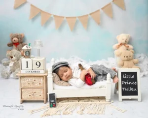 studio-newborn-shoot-delhi-little-prince-plaid-cap-mini-bed-teddy-bears-39